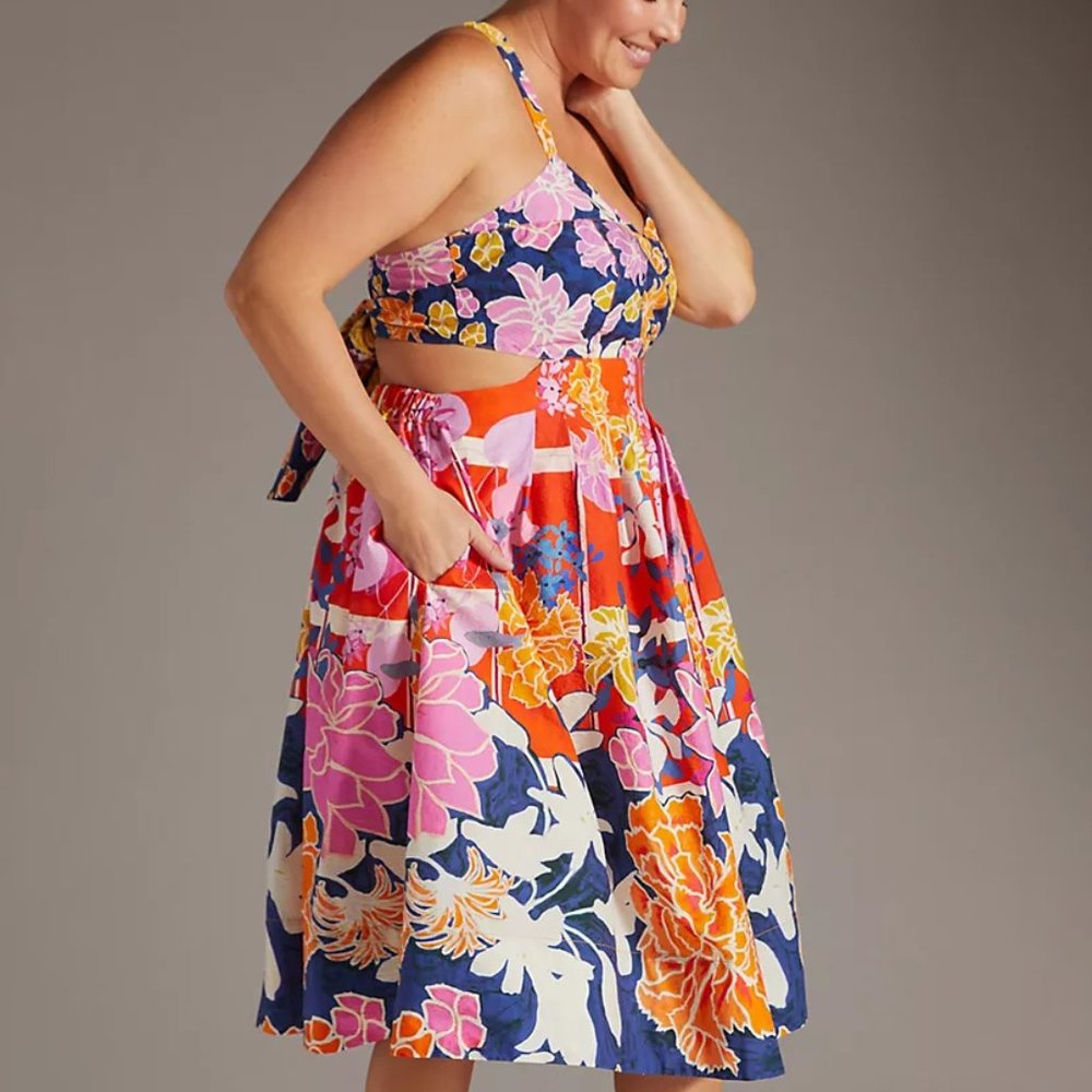 Anthropologie Navy Floral Halter Midi Dress with Pink, Yellow & Orange Blooms - Picture 3 of 10